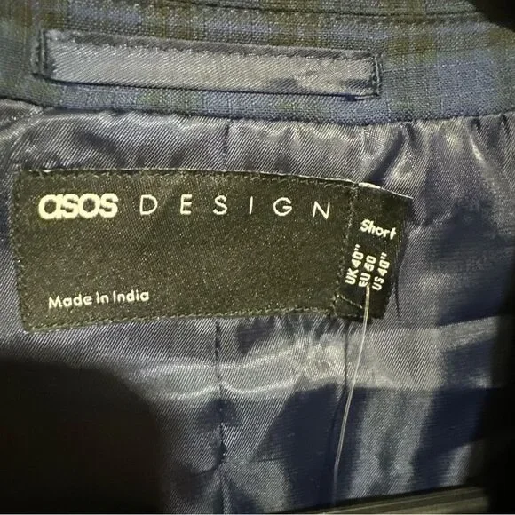 ASOS DESIGN skinny suit belted jacket with dark blue windowpane check